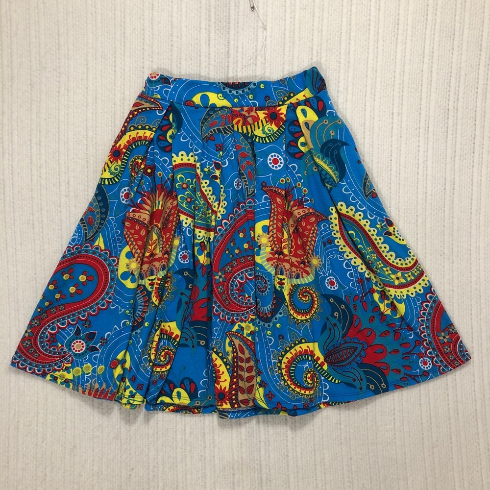 LuLaRoe Madison Skirt XS Blue Paisley Pleated A-Line Knee Length Stretch Boho